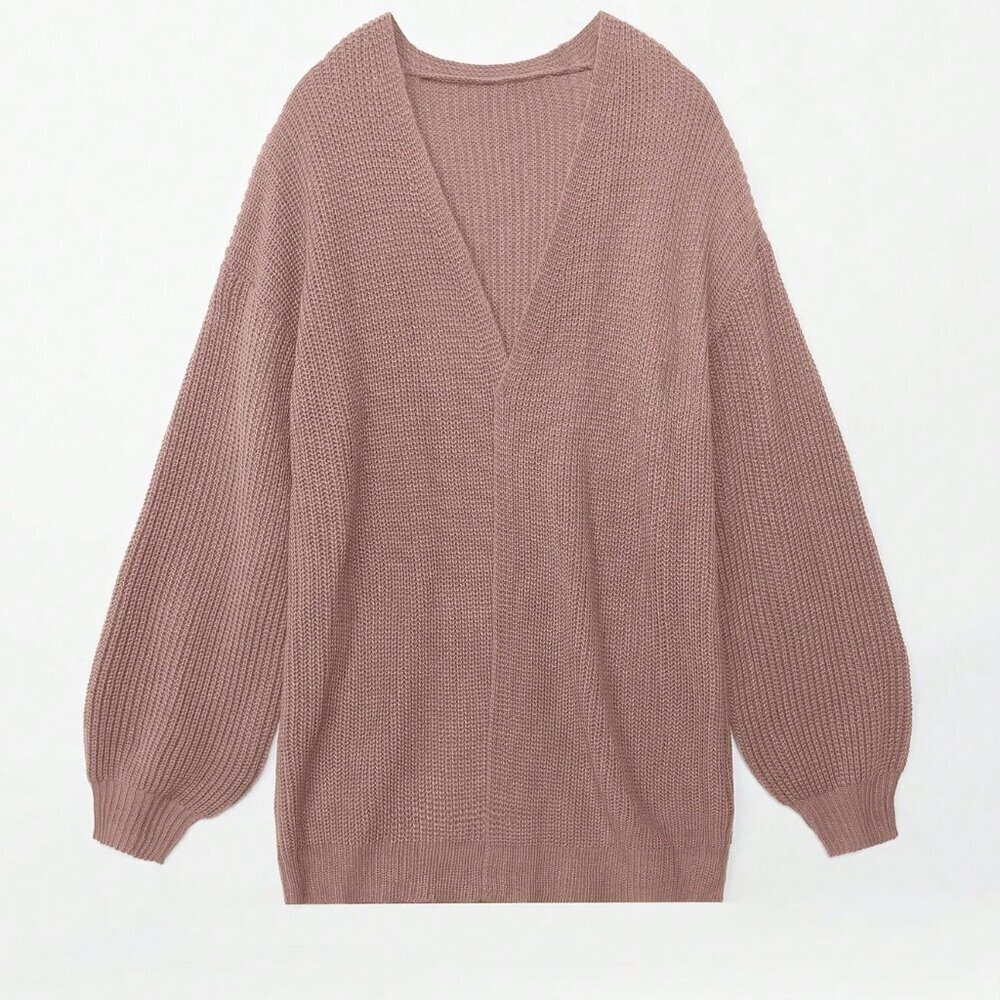 Pink Casual Women's Solid Color Lantern Sleeve Cardigan - Picture 4 of 8